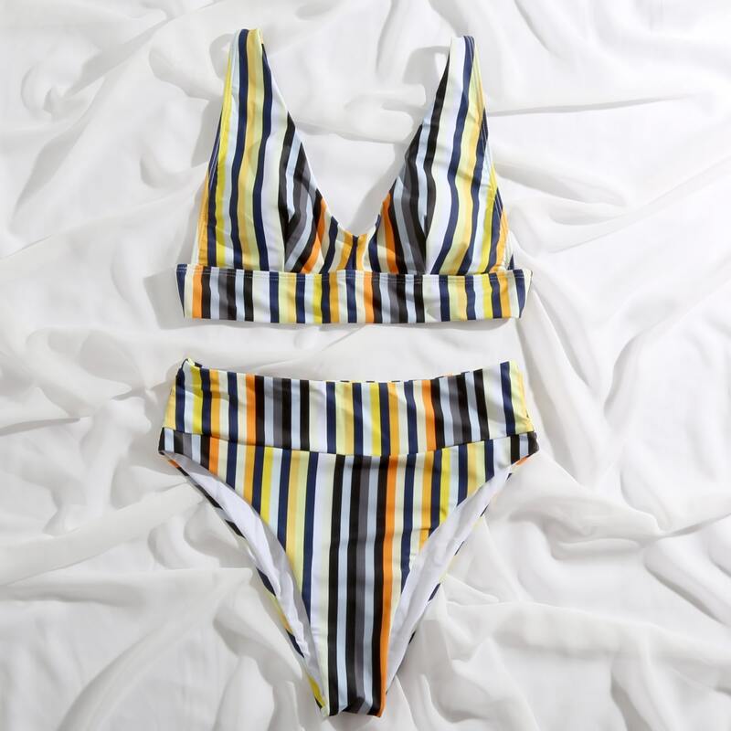 

Colorful Striped High Waisted Bikini Swimsuit, Multicolor