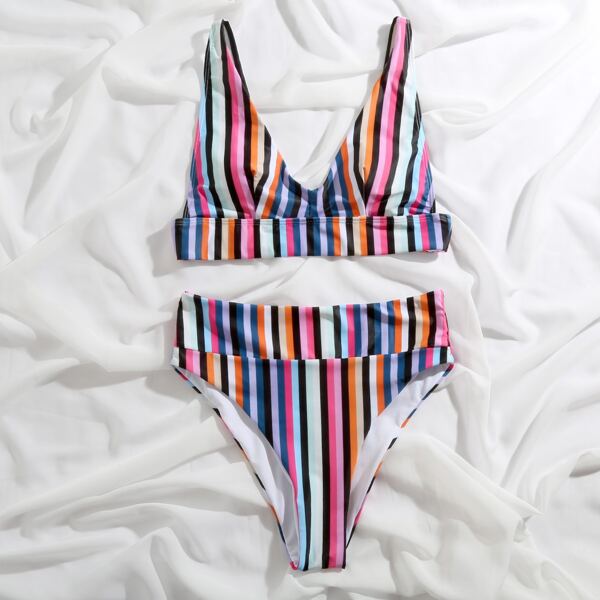 

Colorful Striped High Waisted Bikini Swimsuit, Multicolor