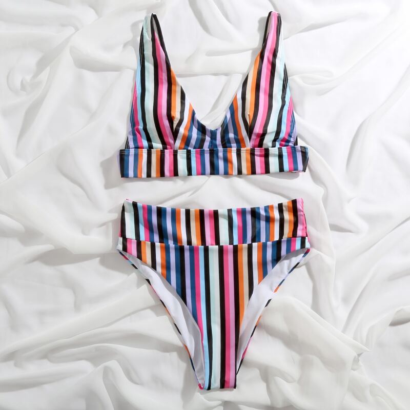 

Colorful Striped High Waisted Bikini Swimsuit, Multicolor