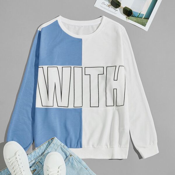 

Men Color-block Letter Graphic Tee, Blue and white