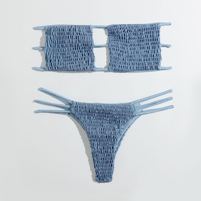 

Smocked Ladder Cut-out Bandeau Bikini Swimsuit, Dusty blue