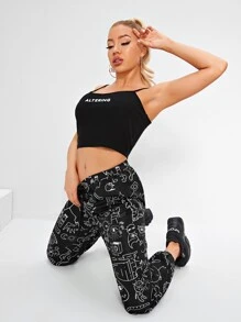 SHEIN Unity Allover Cartoon Graphic Wind Trousers - Black - View 5