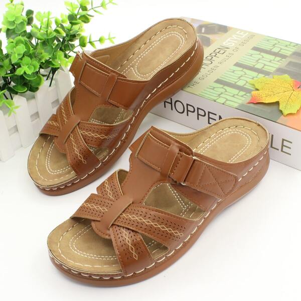 

Perforated Detail Slide Sandals, Brown