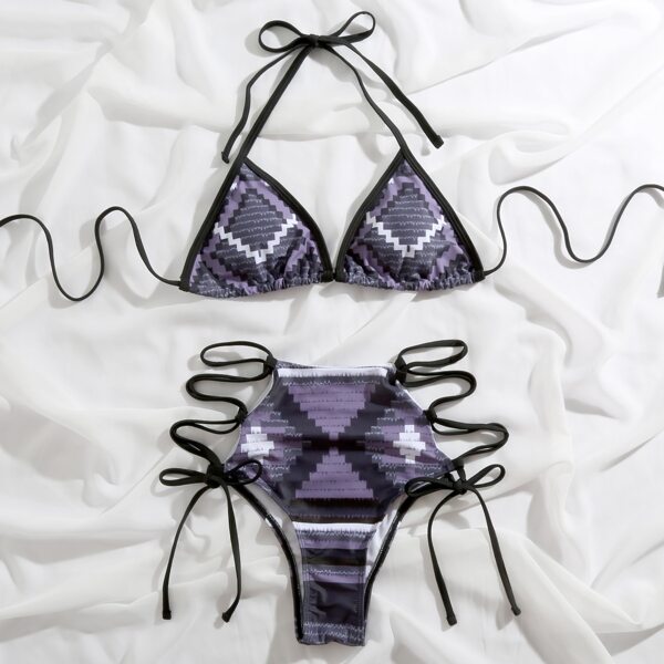 

Geo Print Halter Triangle Tie Side Bikini Swimsuit, Dusty purple