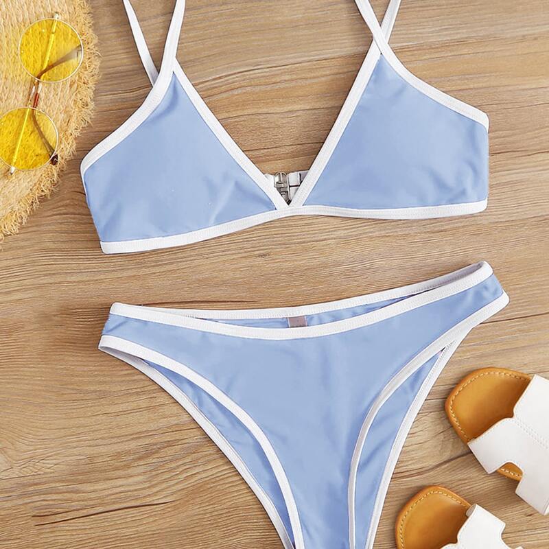 

Contrast Binding Wireless Bikini Swimsuit, Baby blue