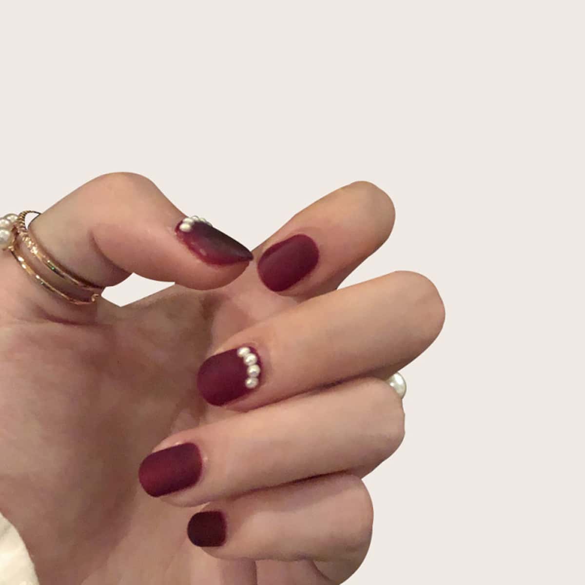 

24pcs Faux Pearl Decor False Nail, Burgundy
