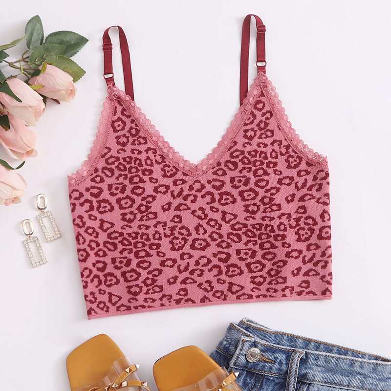 

Lace Trim Leopard Knit Cami Top, Multicolor