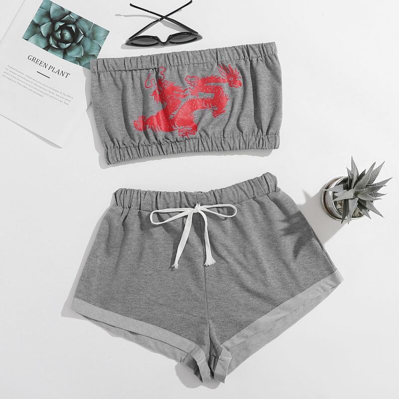 

Chinese Dragon Print Tube Top & Shorts, Grey