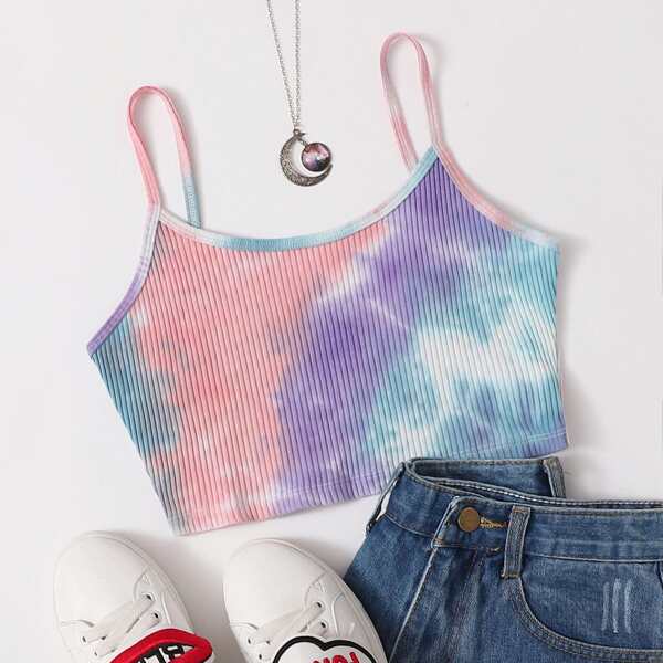 

Tie Dye Rib-knit Crop Cami Top, Multicolor
