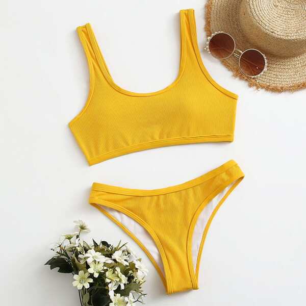 

Solid Rib Bikini Swimsuit, Yellow