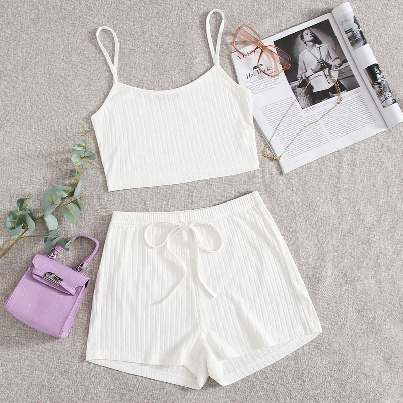 

Rib-knit Cami Top and Tie Front Shorts Set, White
