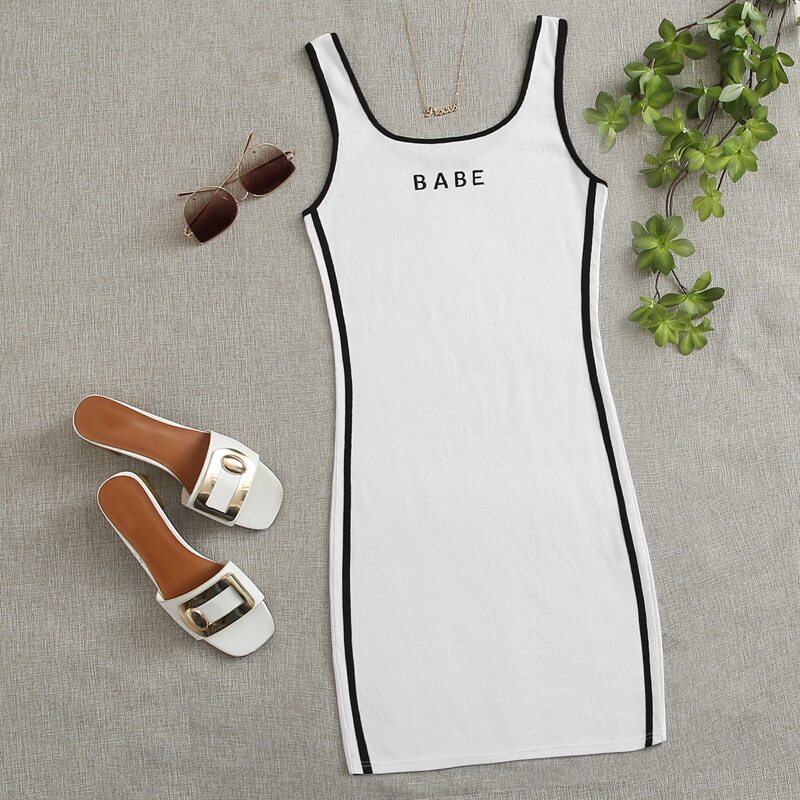 

Letter Embroidered Striped Side Ringer Dress, White