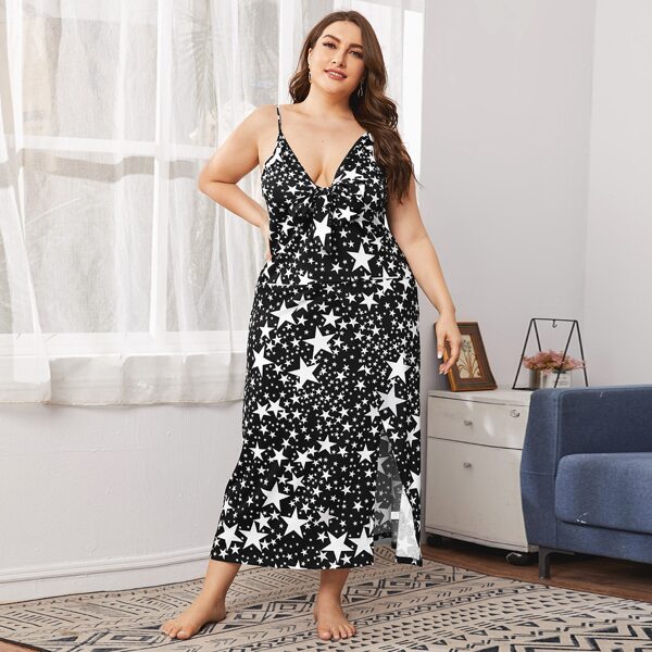 

Plus Galaxy Print Split Thigh Night Dress, Black and white