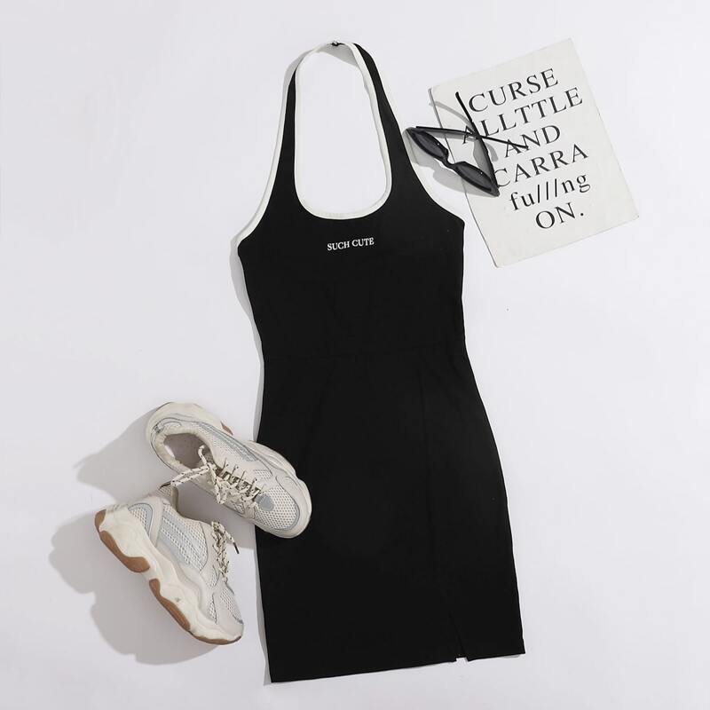 

Letter Graphic Split Hem Halter Bodycon Dress, Black