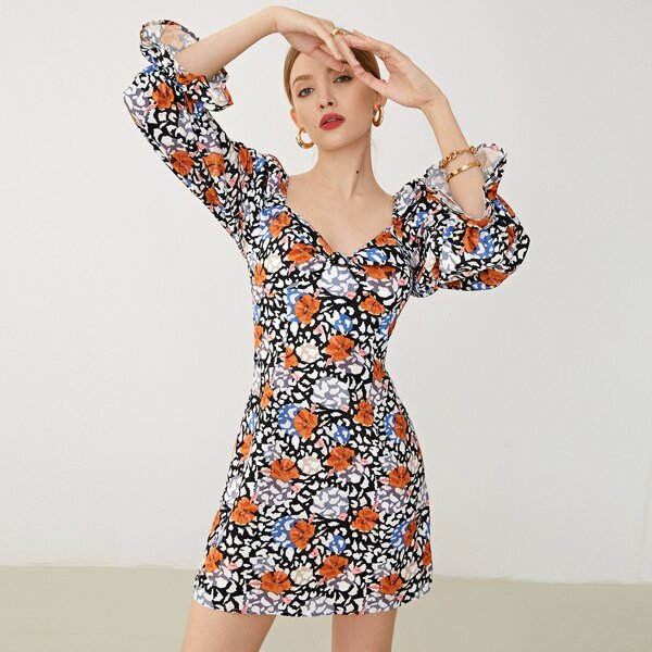 

Flounce Sleeve Gathered Front Floral Dress, Multicolor