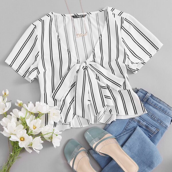

Tie Front Ruffle Hem Striped Top, White