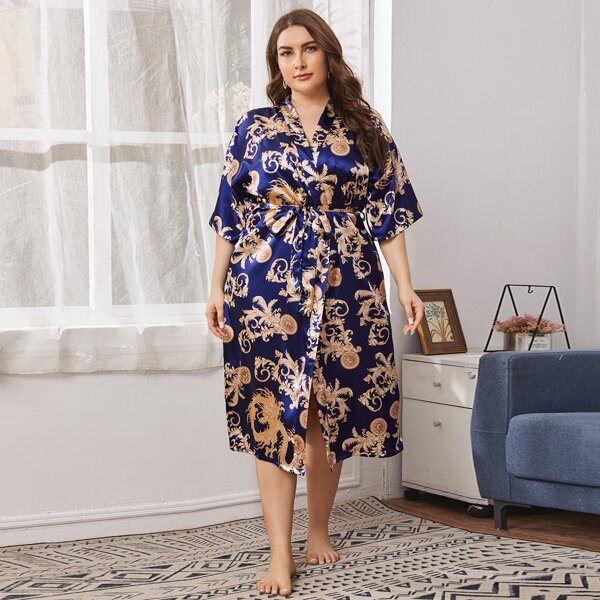 

Plus Baroque Print Belted Satin Robe, Multicolor