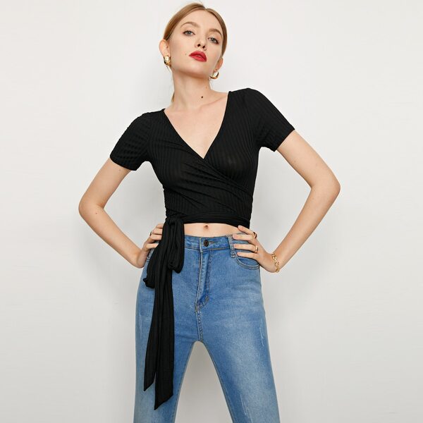 

Tie Hem Wrap Crop Top, Black