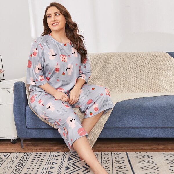 

Plus Cartoon Dog And Strawberry Print Pajama Set, Multicolor