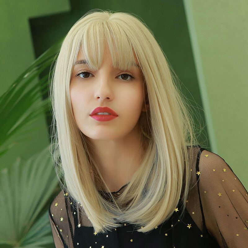 

1pc Natural Straight Hair Wig With Bangs, Gold