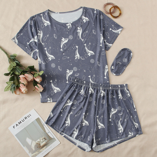 

Plus Cartoon Graphic Shorts PJ Set, Grey