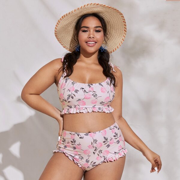 

Plus Floral Frill Tie Shoulder Bikini Swimsuit, Pastel baby pink