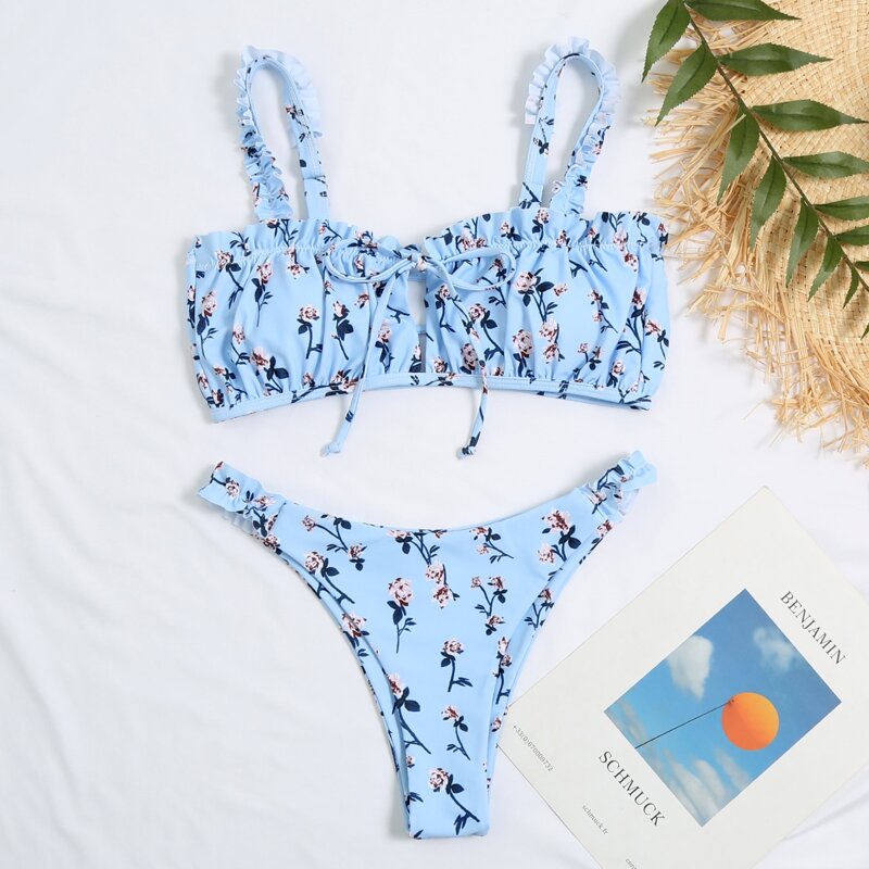

Floral Frill Trim High Cut Bikini Swimsuit, Pastel baby blue