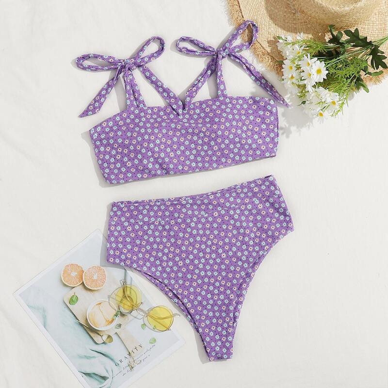 

Ditsy Floral Tie Shoulder High Waisted Bikini Swimsuit, Purple