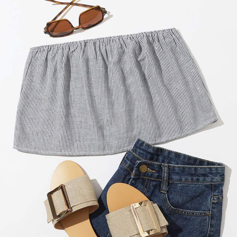 

Chiffon Striped Crop Tube Top, Black and white