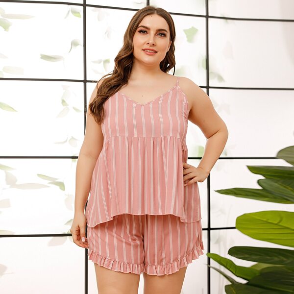 

Plus Stripe Print Cami Top With Shorts PJ Set, Baby pink
