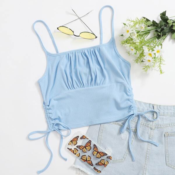 

Ruched Bust Drawstring Knot Side Cami Top, Baby blue