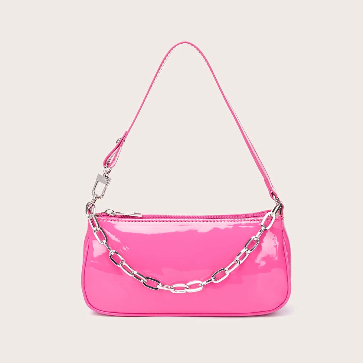 

Chain Decor Patent Baguette Bag, Hot pink