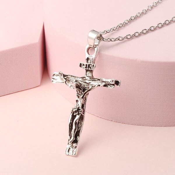 

Metal Cross Charm Necklace, Silver
