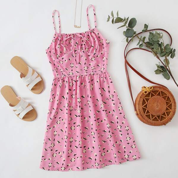 

Ditsy Floral Knot Front Cami Dress, Baby pink