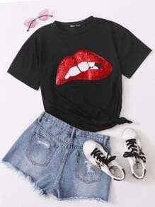 SHEIN LUNE Contrast Sequin Mouth Tee - Black - View 1