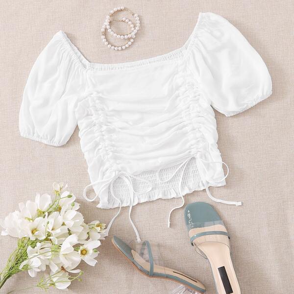 

Shirred Back Drawstring Ruched Milkmaid Top, White