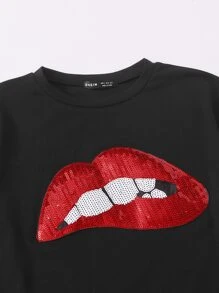 SHEIN LUNE Contrast Sequin Mouth Tee - Black - View 5