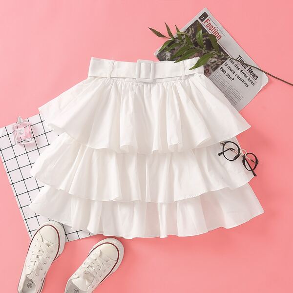 

Solid Belted Ruffle Layered Skirt, White