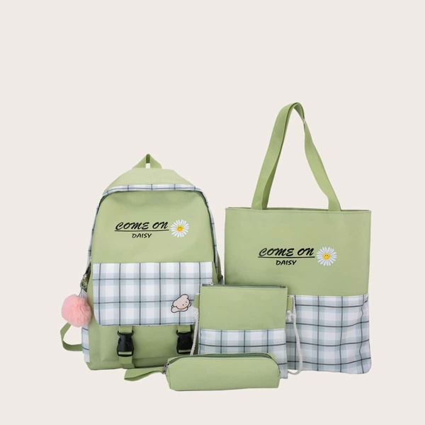 

4pcs Kids Plaid Bag Set, Green