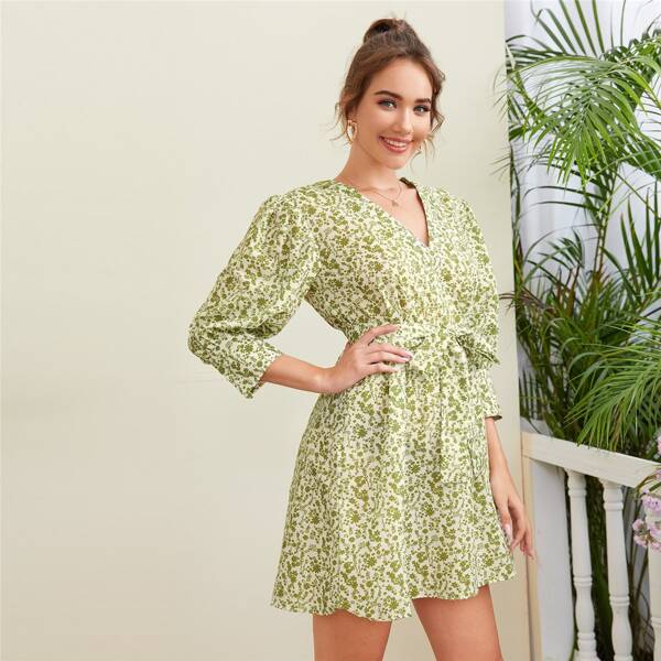 

Ditsy Floral Puff Sleeve Self Tie A-line Dress, Lime green