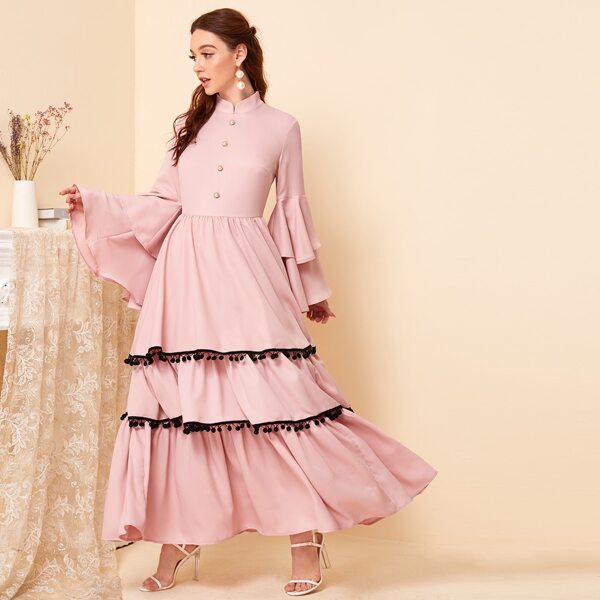

Flounce Sleeve Buttoned Front Pompom Trim Layered Dress, Baby pink