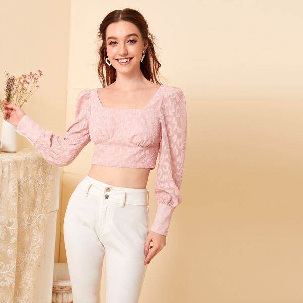 

Square Neck Ruched Bust Fuzzy Crop Top, Pastel baby pink