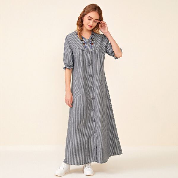 

Embroidery Yoke Buttoned Front Striped Dress, Grey