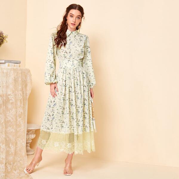 

Collared Lantern Sleeve Lace Hem Floral Dress, Beige
