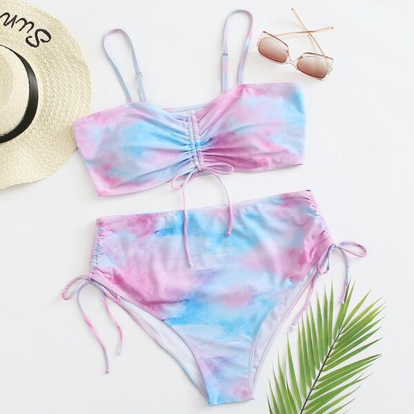 

Plus Tie Dye Drawstring Tie Side Bikini Swimsuit, Multicolor