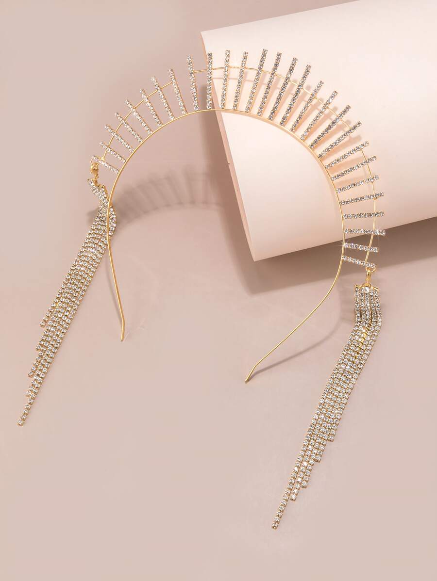 1pc Gorgeous Rhinestone Long Tassel Hair Comb For Women, Cosplay, Wedding, Gift - Gold - View 1