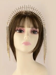1pc Gorgeous Rhinestone Long Tassel Hair Comb For Women, Cosplay, Wedding, Gift - Gold - View 2
