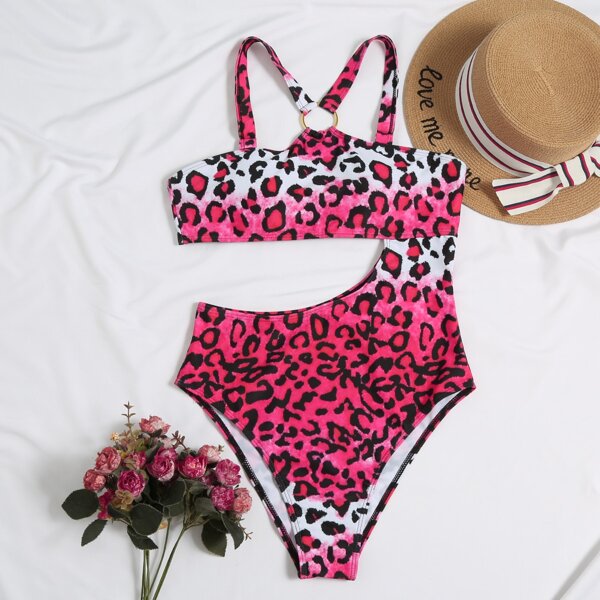 

Leopard Ring Linked Cut-out One Piece Swimsuit, Hot pink bright