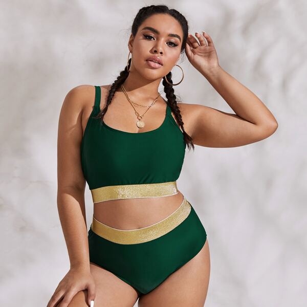 

Plus Contrast Trim High Waisted Bikini Swimsuit, Dark green