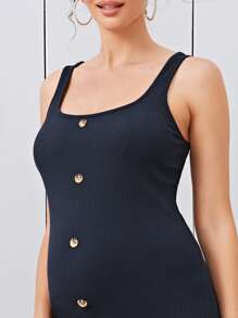 SHEIN Maternidad vestido tejido de canalé de muslo con abertura con botón - Azul Marino - Ver 4